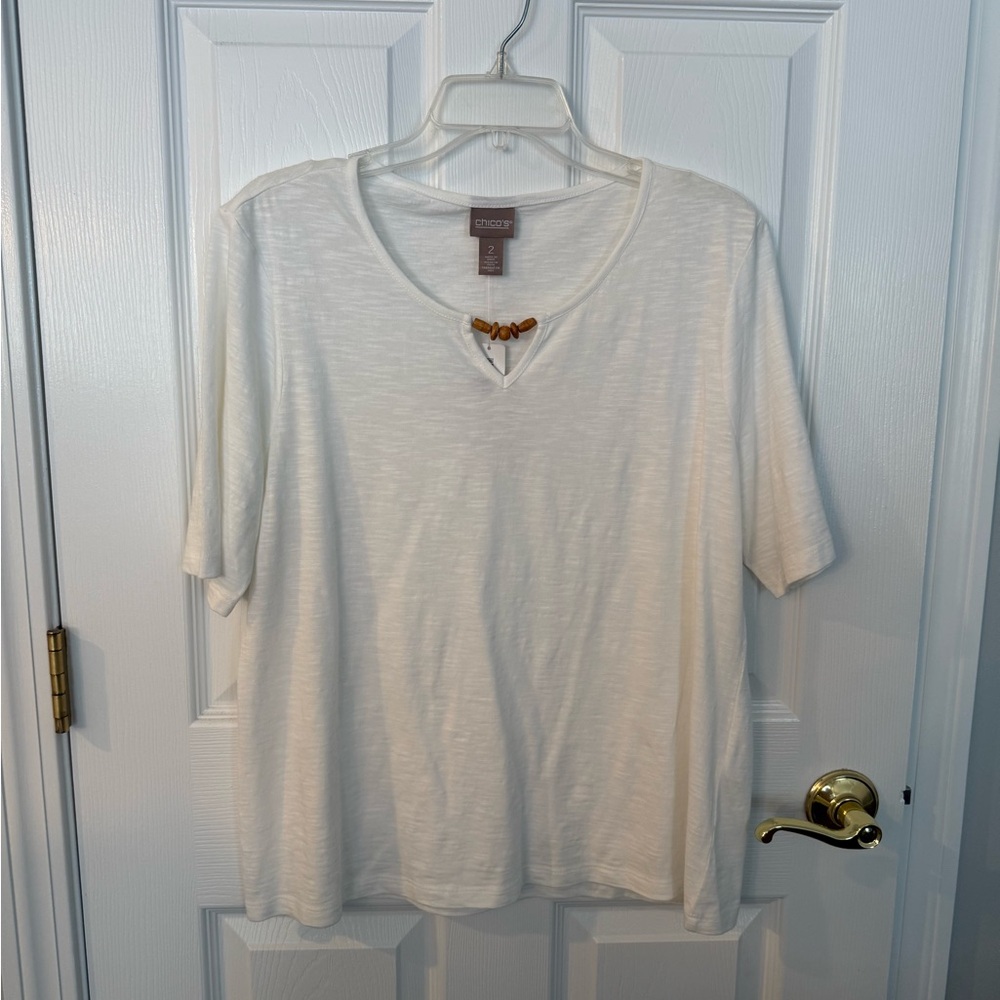 Chico's Ivory Short Sleeve Top with Wooden Accent